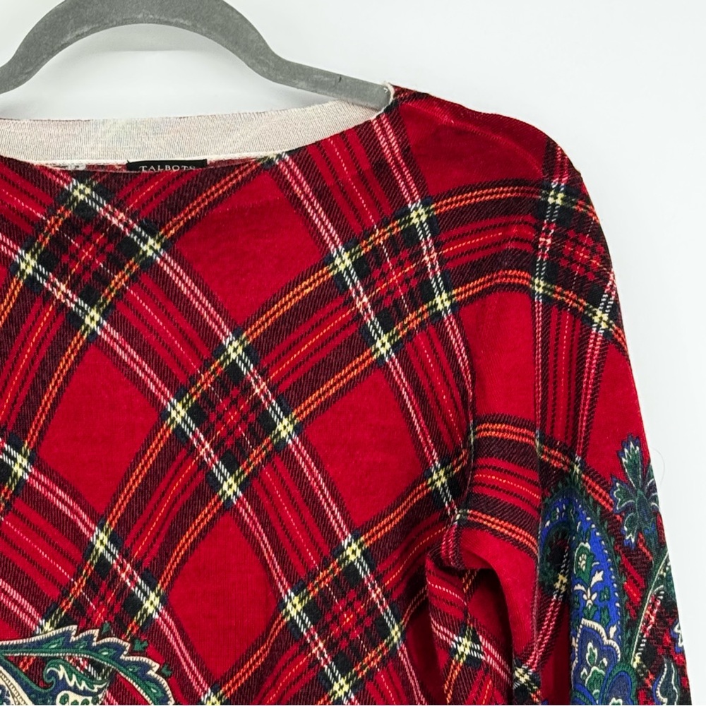 Talbots Size Medium Lightweight 100% Merino Wool Red Plaid/Paisley Sweater - Picture 5 of 11